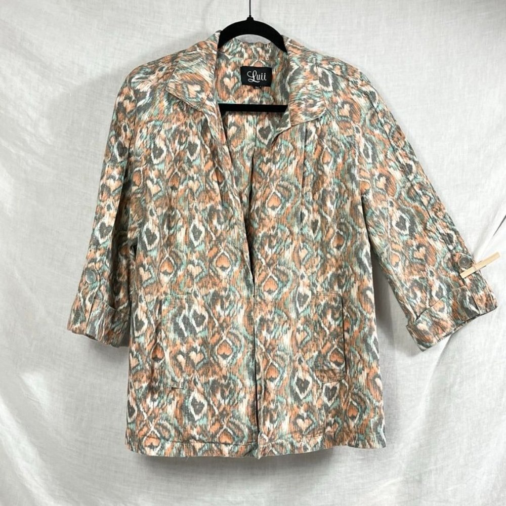 Luii Aztec Southwestern Cotton Jacket Sz Large‎ Pastel 3/4 Sleeve Feather Boho